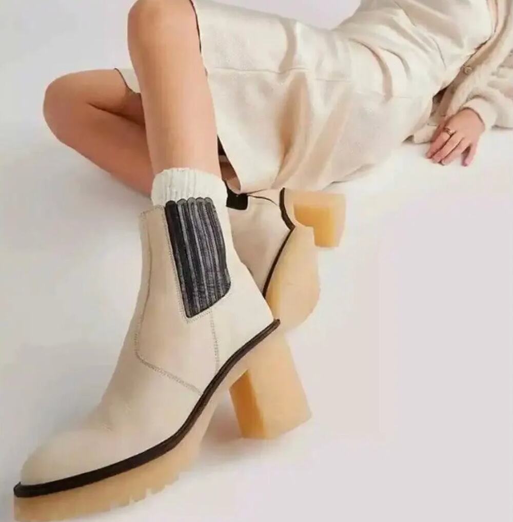 Free People Cream Leather Lug Sole Platform Chelsea Ankle Boots Block Heel 8